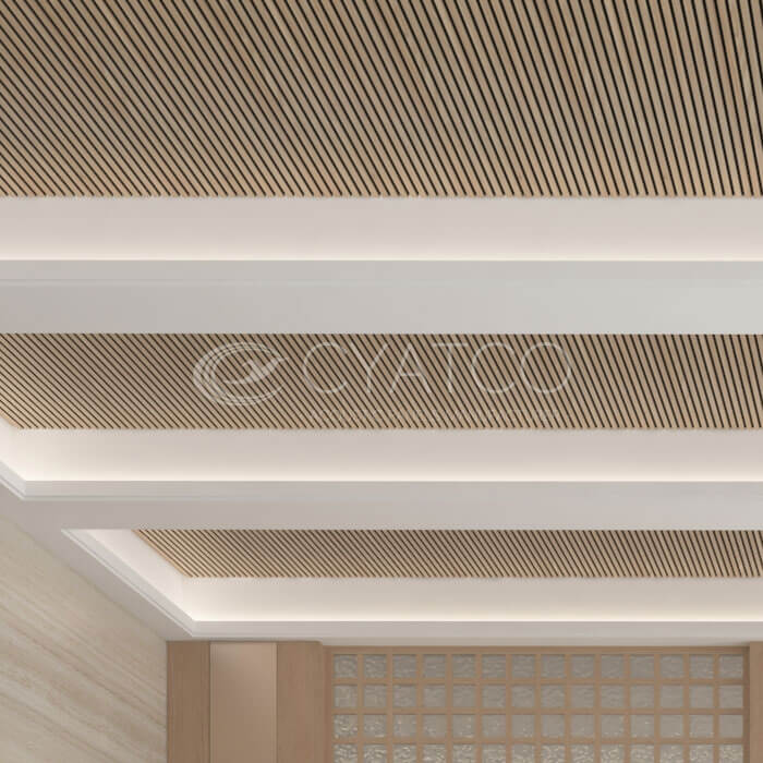 Detail of authentic timber acoustic panelling ceiling in Shanghai hotel bar