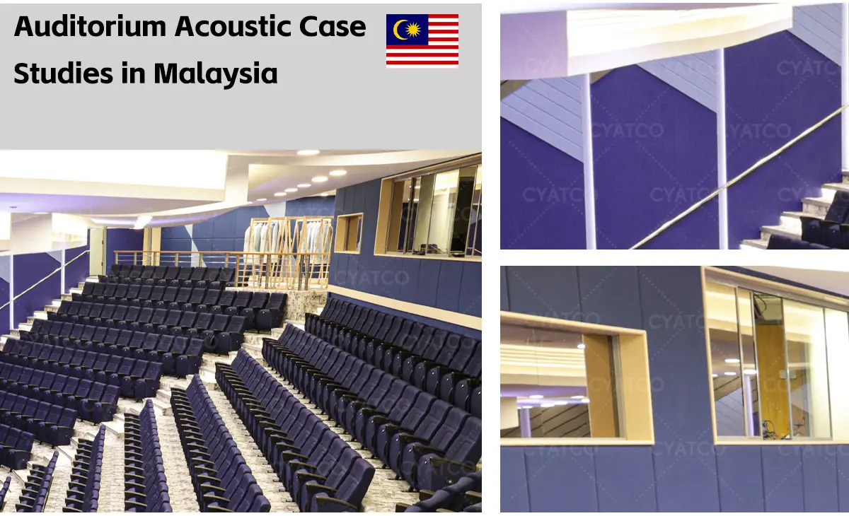 multi-color fabric acoustic panels in an auditorium