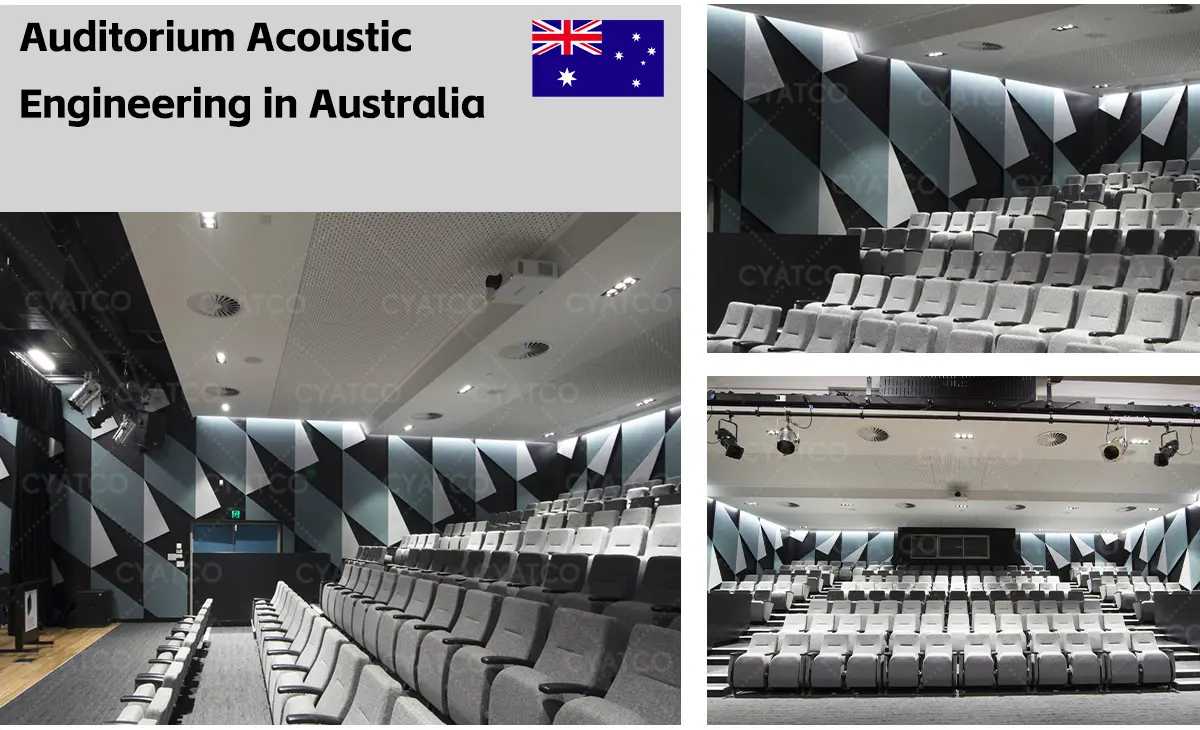 lecture hall with step seating and fabric acoustic wall panels
